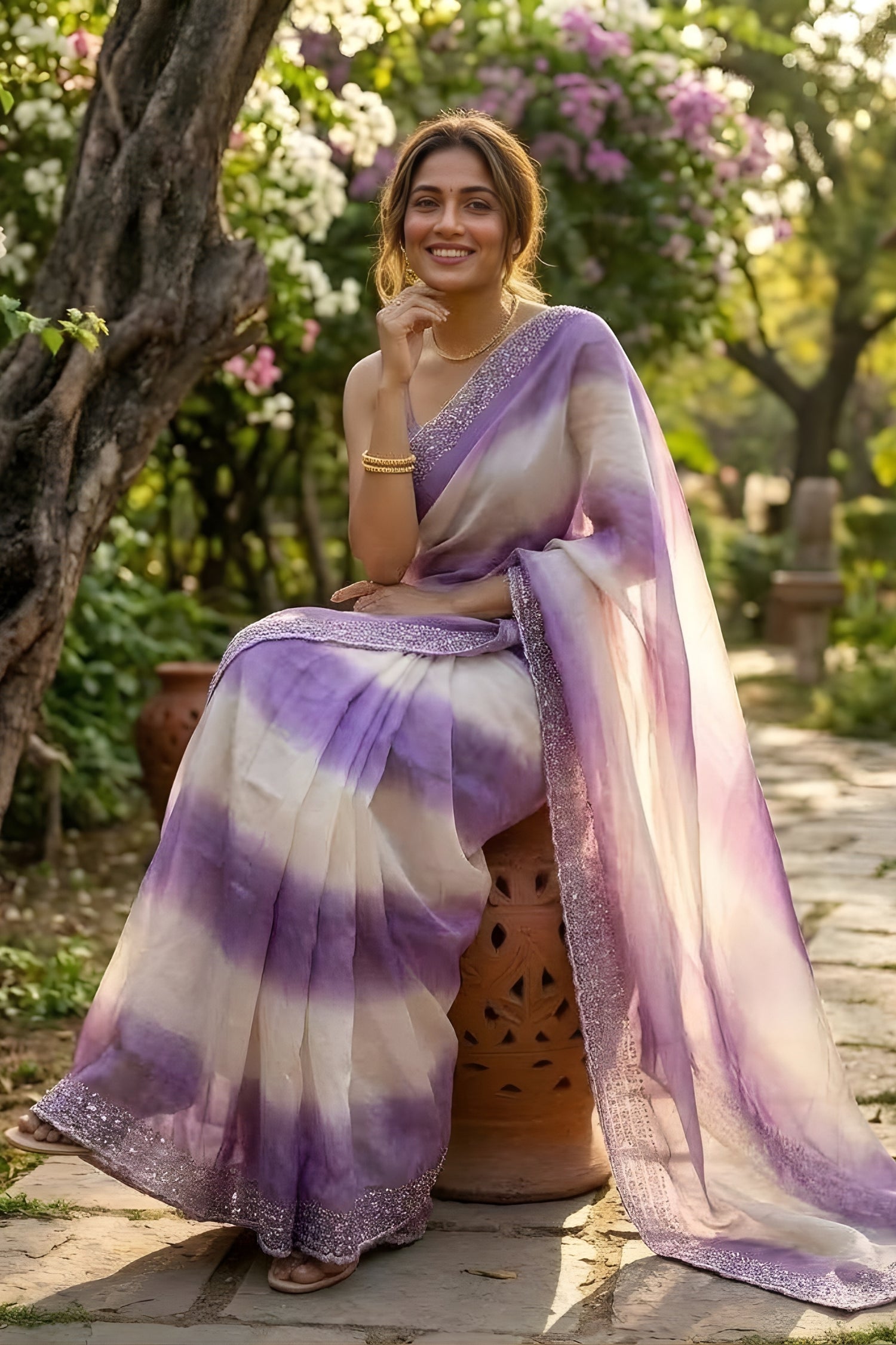 Woman in a purple and white saree sitting outdoors with greenery in the background