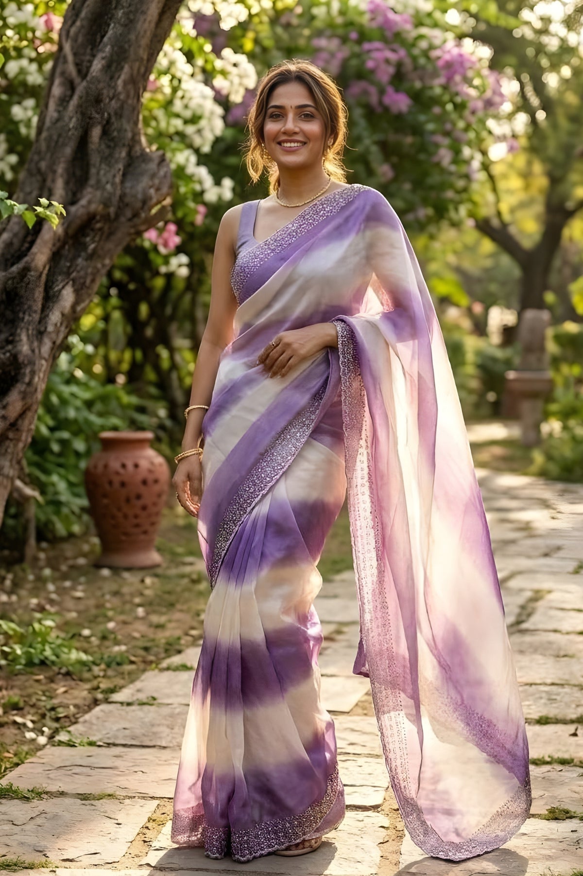 Woman in a purple and white saree standing in a garden