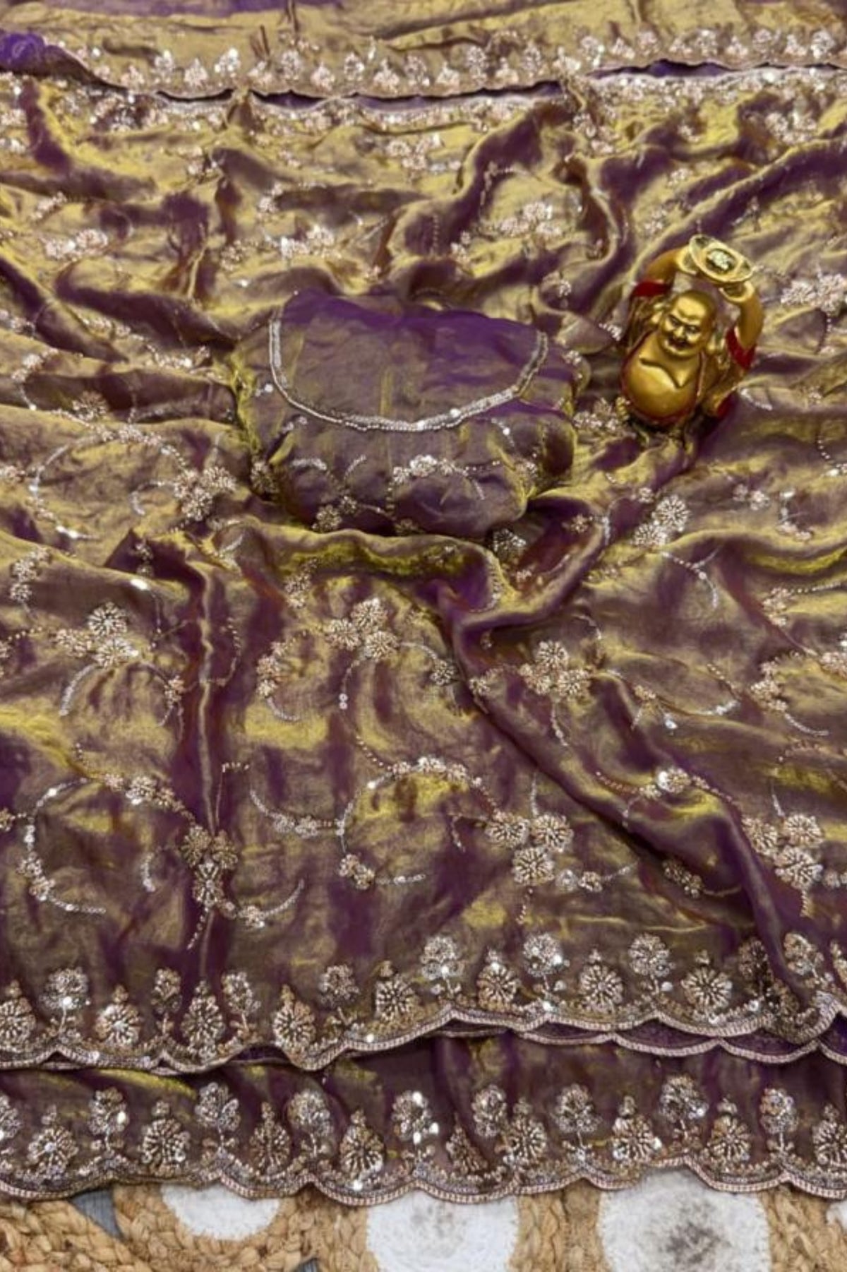 Royal Lavender Designer Saree with Original Gold Beads & Cutdana Handwork