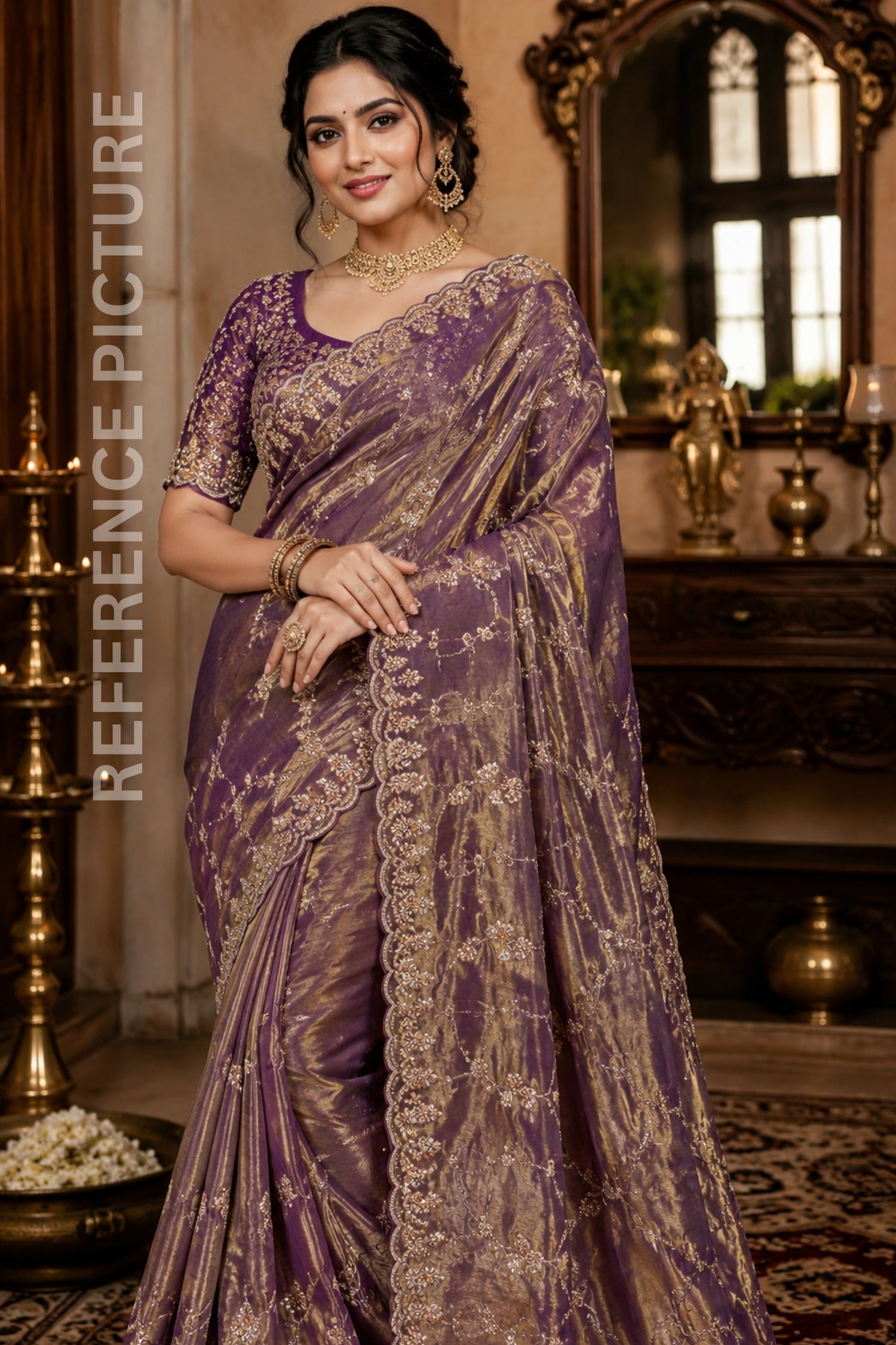 Royal Lavender Designer Saree with Original Gold Beads & Cutdana Handwork