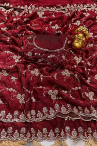 Royal Maroon Designer Saree with Original Gold Beads & Cutdana Handwork
