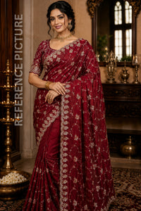 Royal Maroon Designer Saree with Original Gold Beads & Cutdana Handwork
