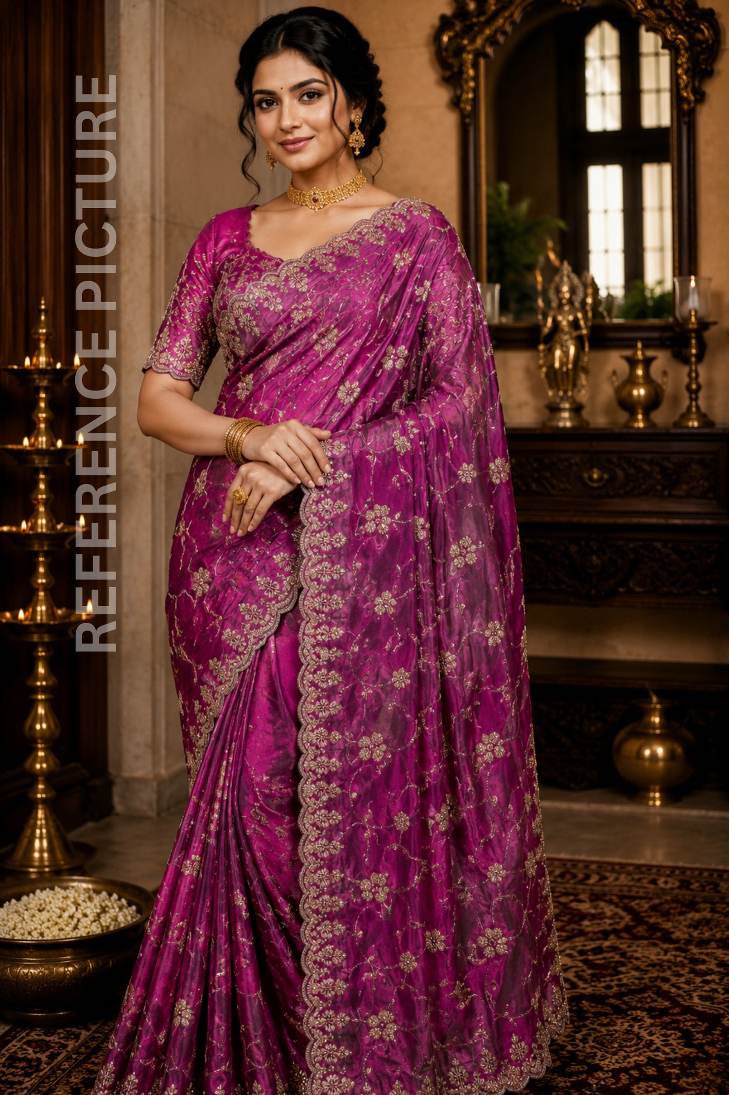 Royal Pansy Pink Designer Saree with Original Gold Beads & Cutdana Handwork