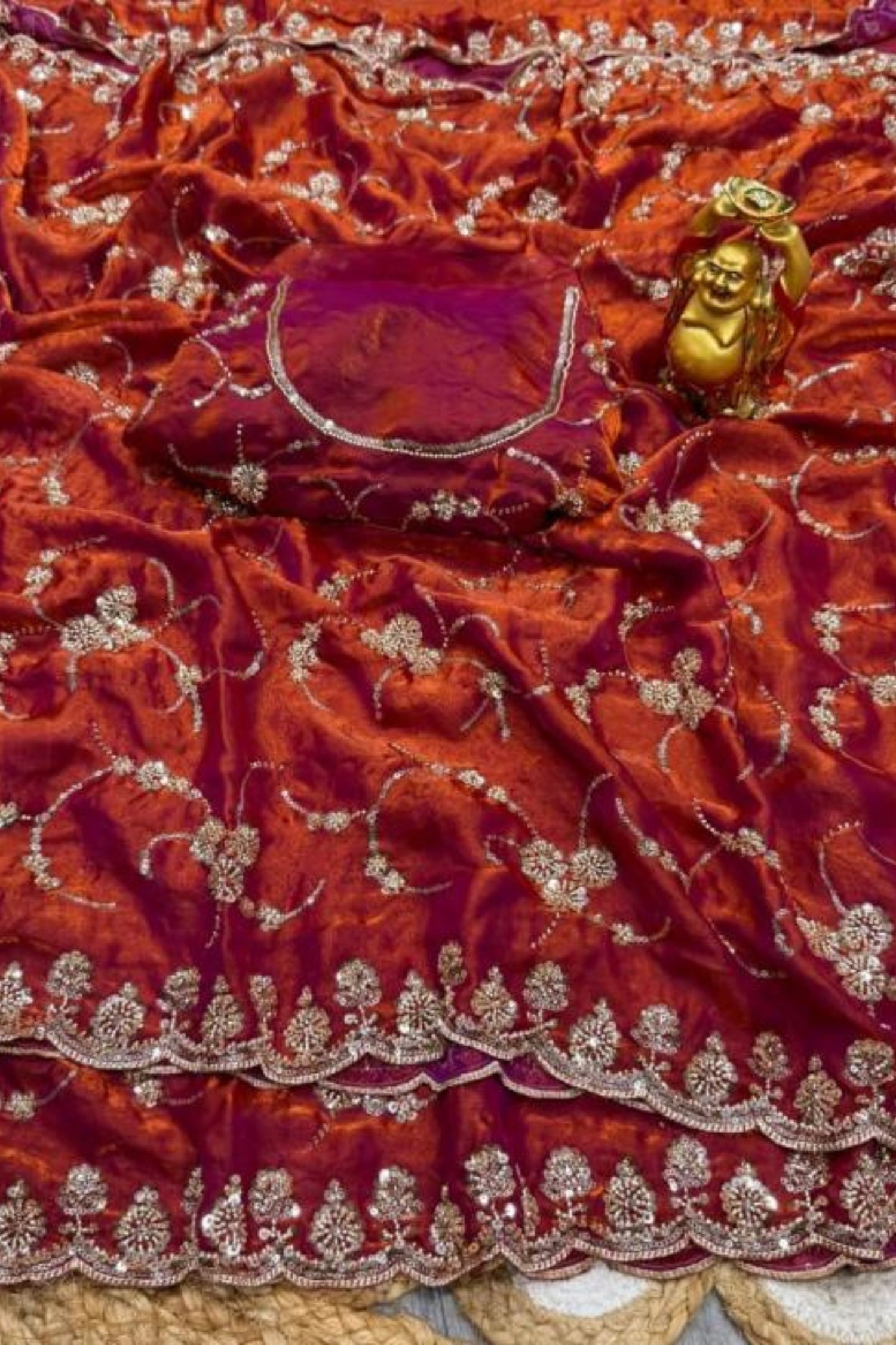 Royal Orange & Purple Designer Saree with Original Gold Beads & Cutdana Handwork