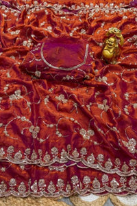 Royal Orange & Purple Designer Saree with Original Gold Beads & Cutdana Handwork