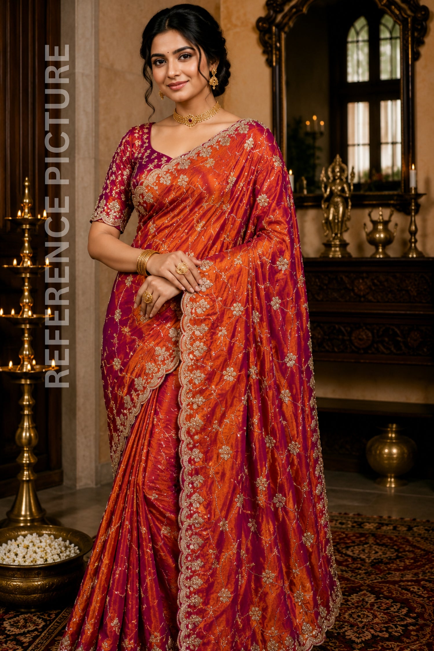 Woman wearing a traditional orange and purple saree in an ornate room.