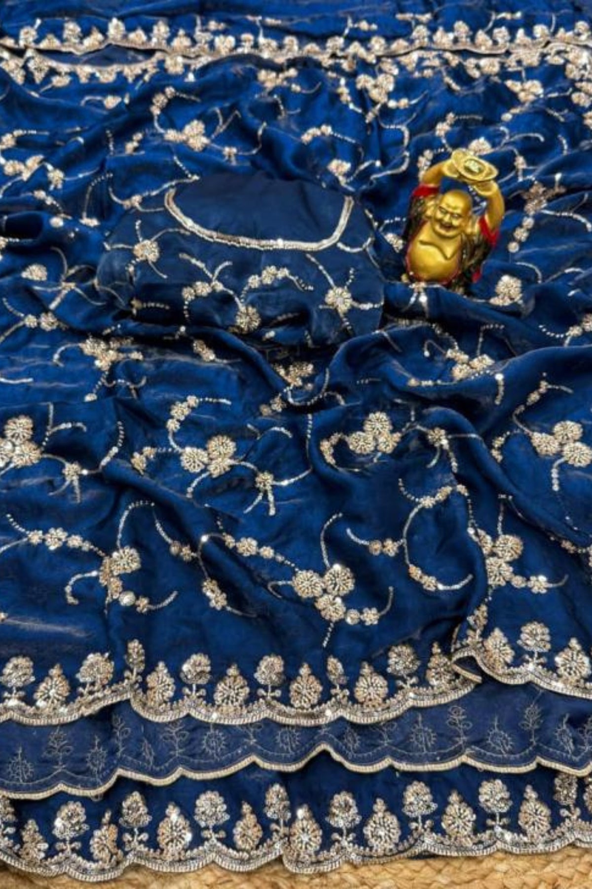 Royal Cool Blue Designer Saree with Original Gold Beads & Cutdana Handwork