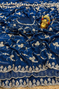 Royal Cool Blue Designer Saree with Original Gold Beads & Cutdana Handwork