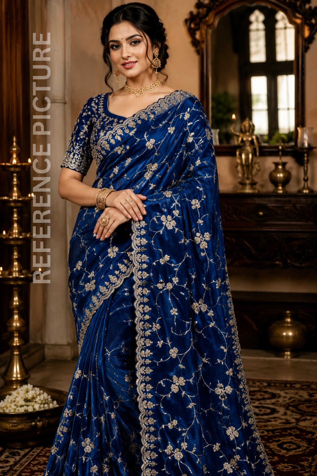 Royal Cool Blue Designer Saree with Original Gold Beads & Cutdana Handwork