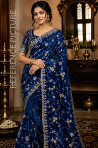 Royal Cool Blue Designer Saree with Original Gold Beads & Cutdana Handwork