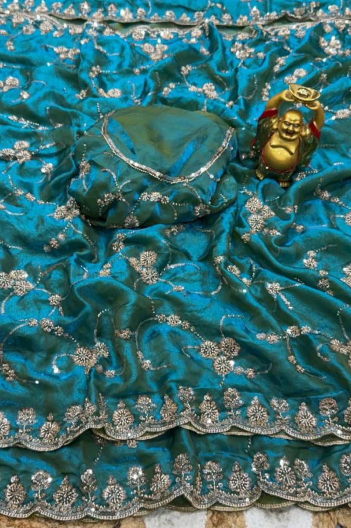 Royal Sea Blue Designer Saree with Original Gold Beads & Cutdana Handwork