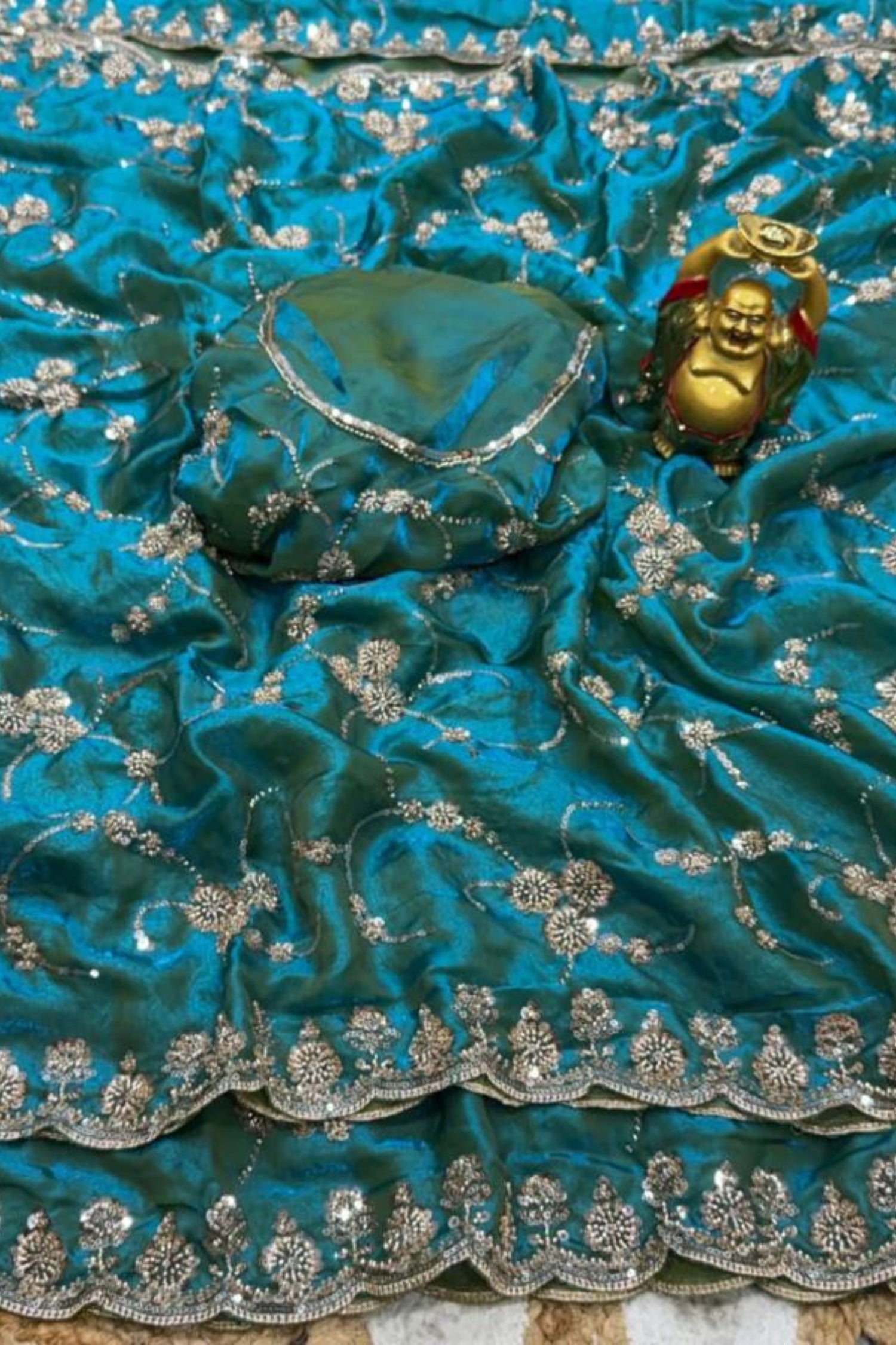 Royal Sea Blue Designer Saree with Original Gold Beads & Cutdana Handwork