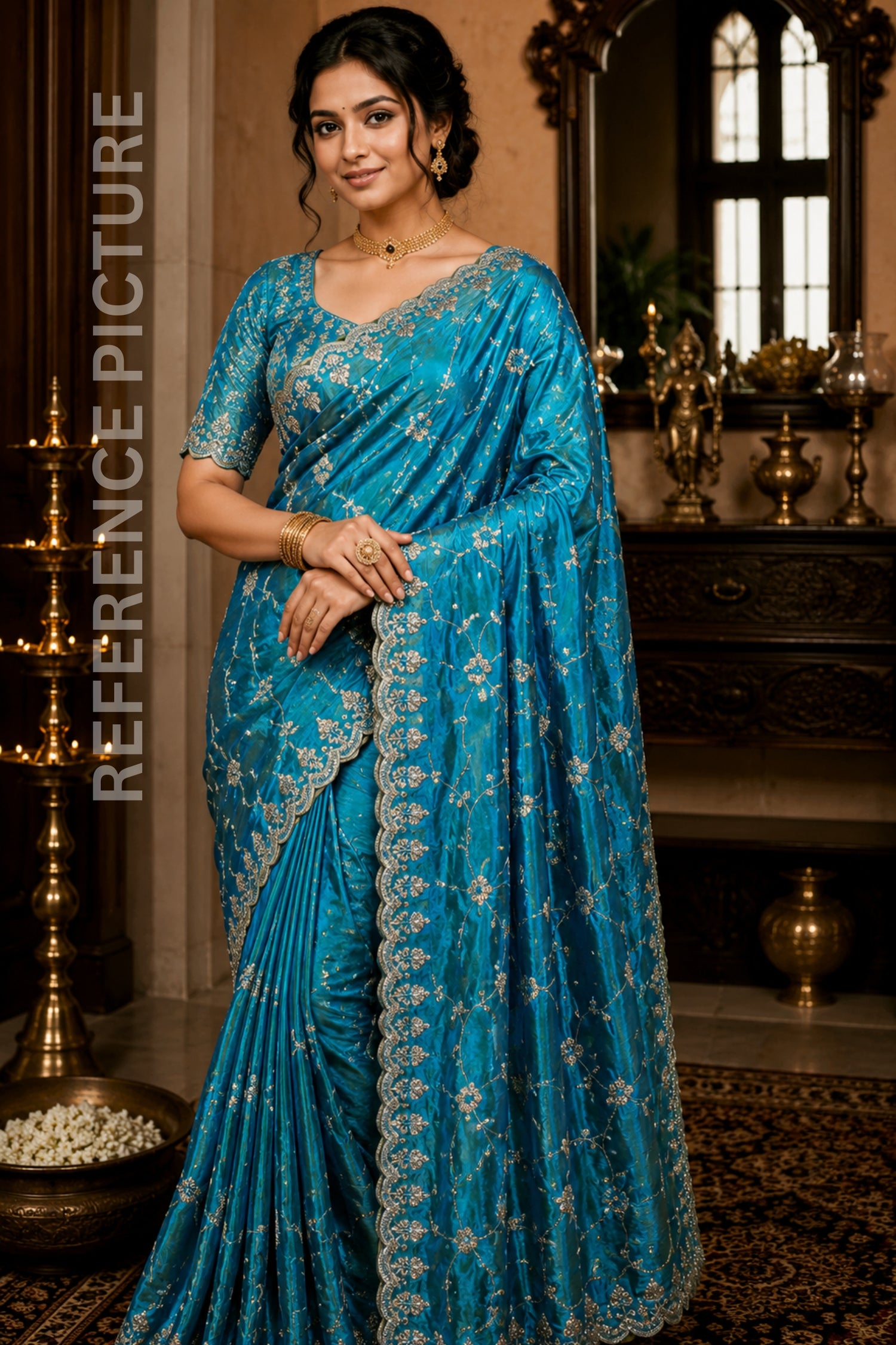 Royal Sea Blue Designer Saree with Original Gold Beads & Cutdana Handwork