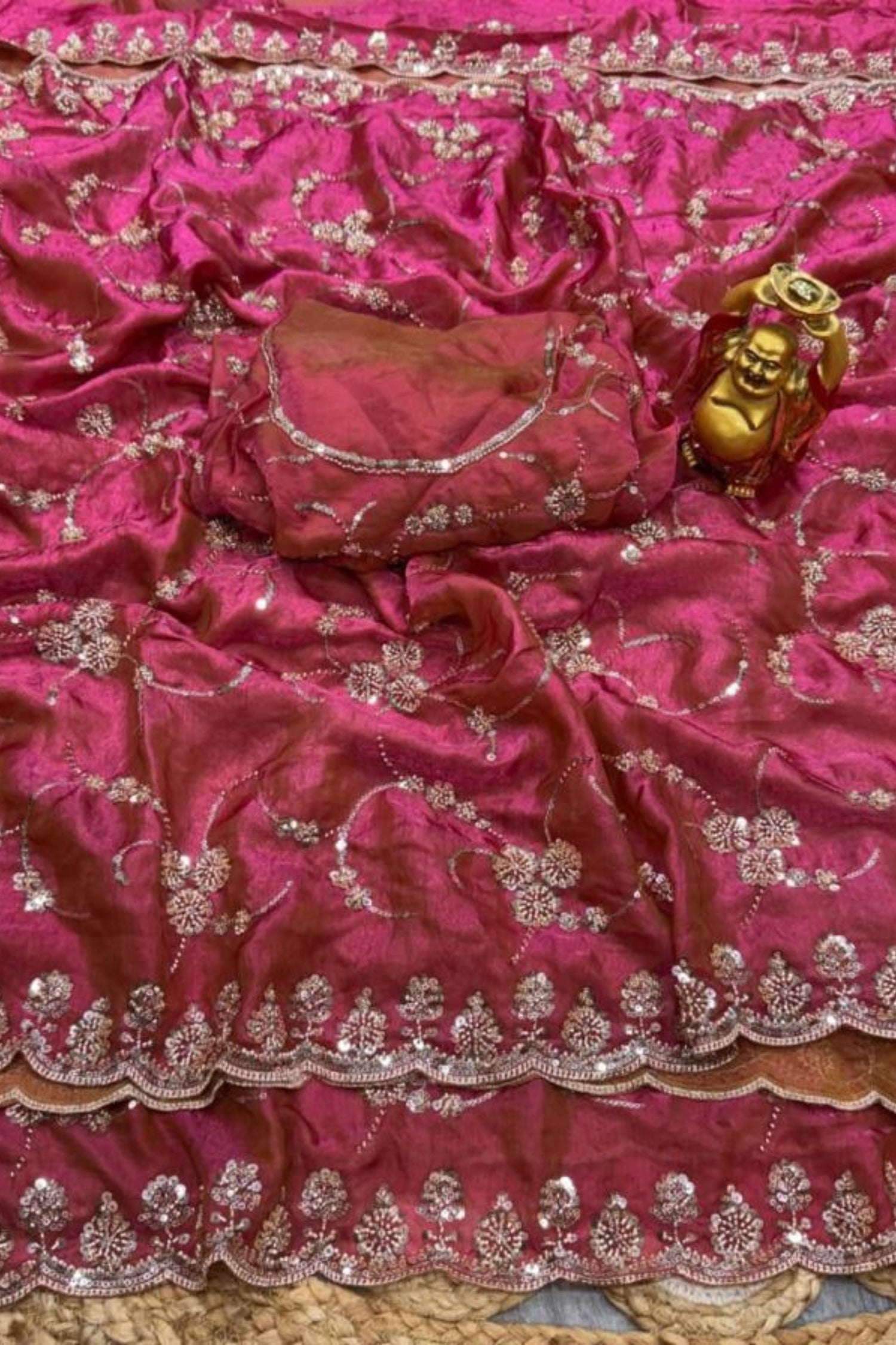 Royal Raspberry Pink Designer Saree with Original Gold Beads & Cutdana Handwork