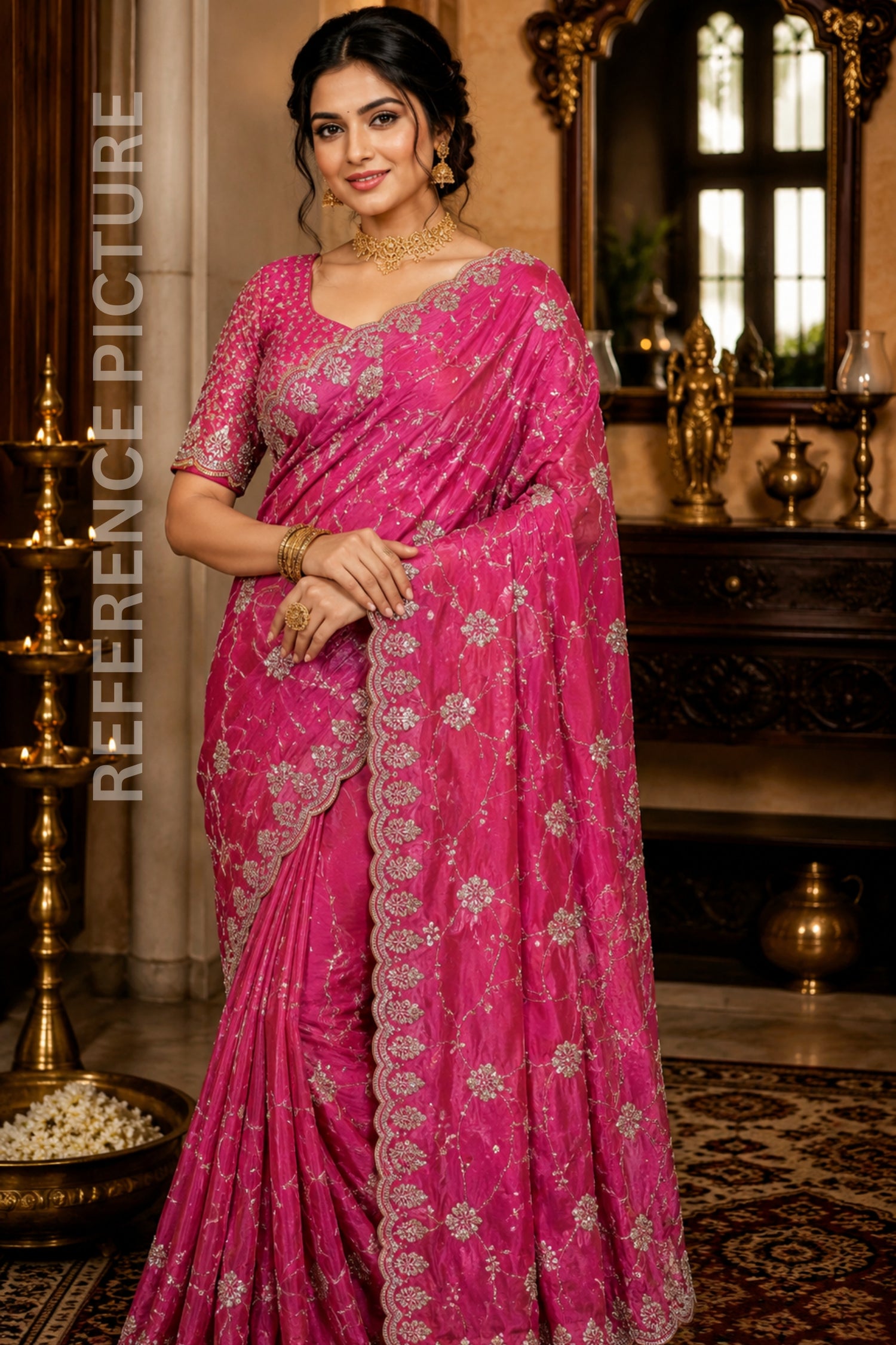 Royal Raspberry Pink Designer Saree with Original Gold Beads & Cutdana Handwork