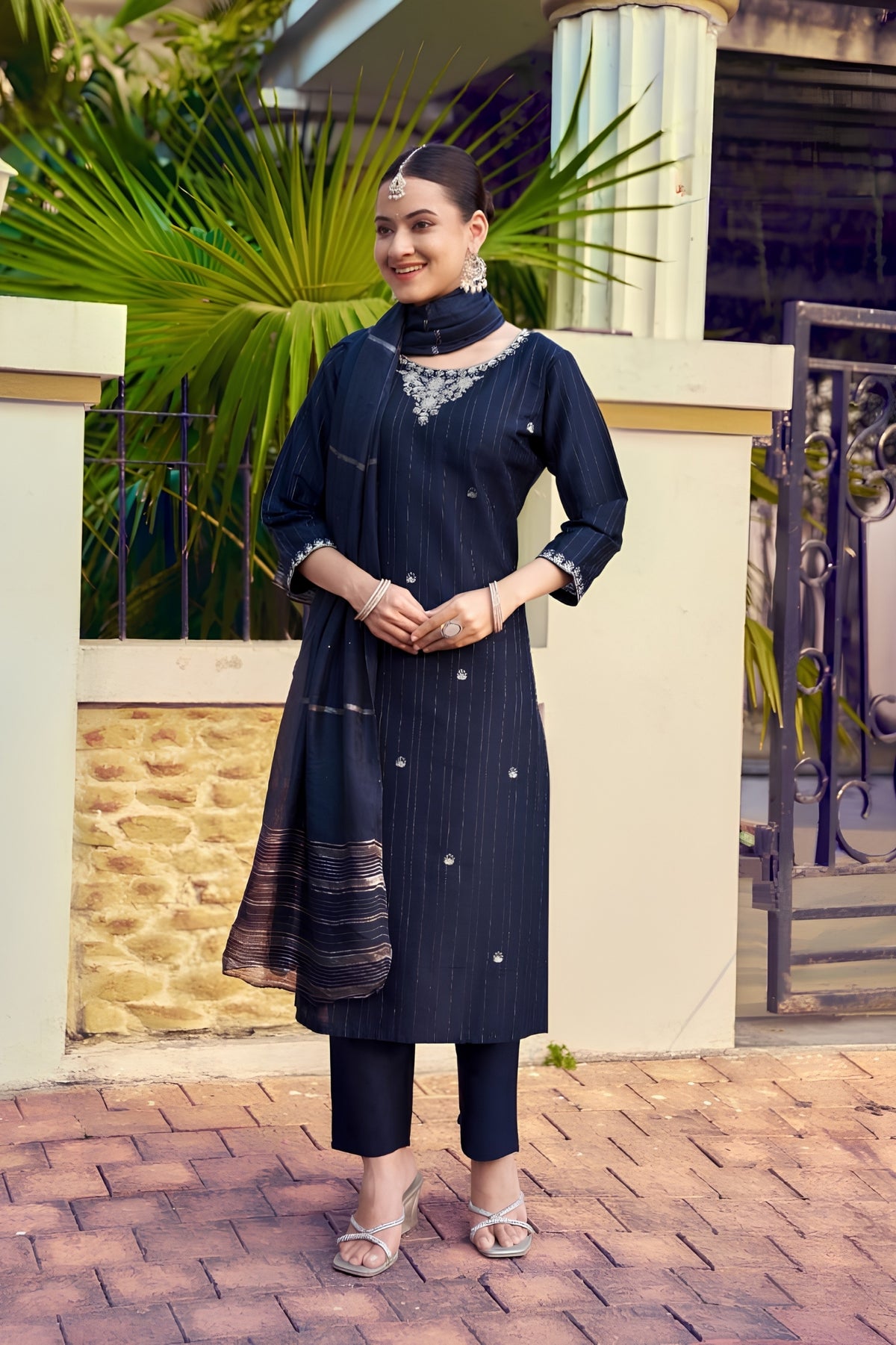 Royal Dark Blue Bangalore Silk Embroidered Suit Set with Heavy Zari Chanderi Dupatta