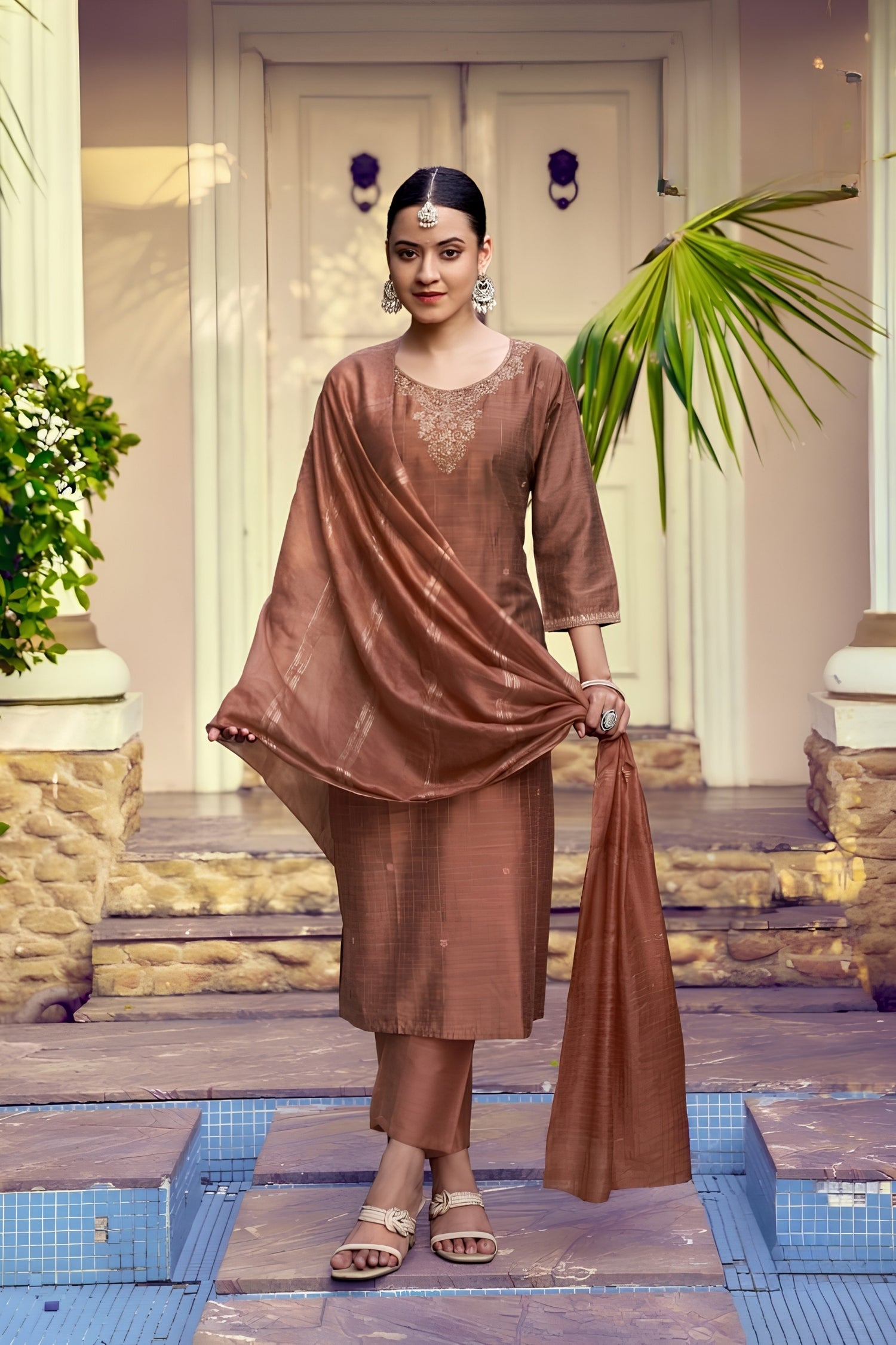 Brown Bangalore Silk Embroidered Suit Set with Heavy Zari Chanderi Dupatta