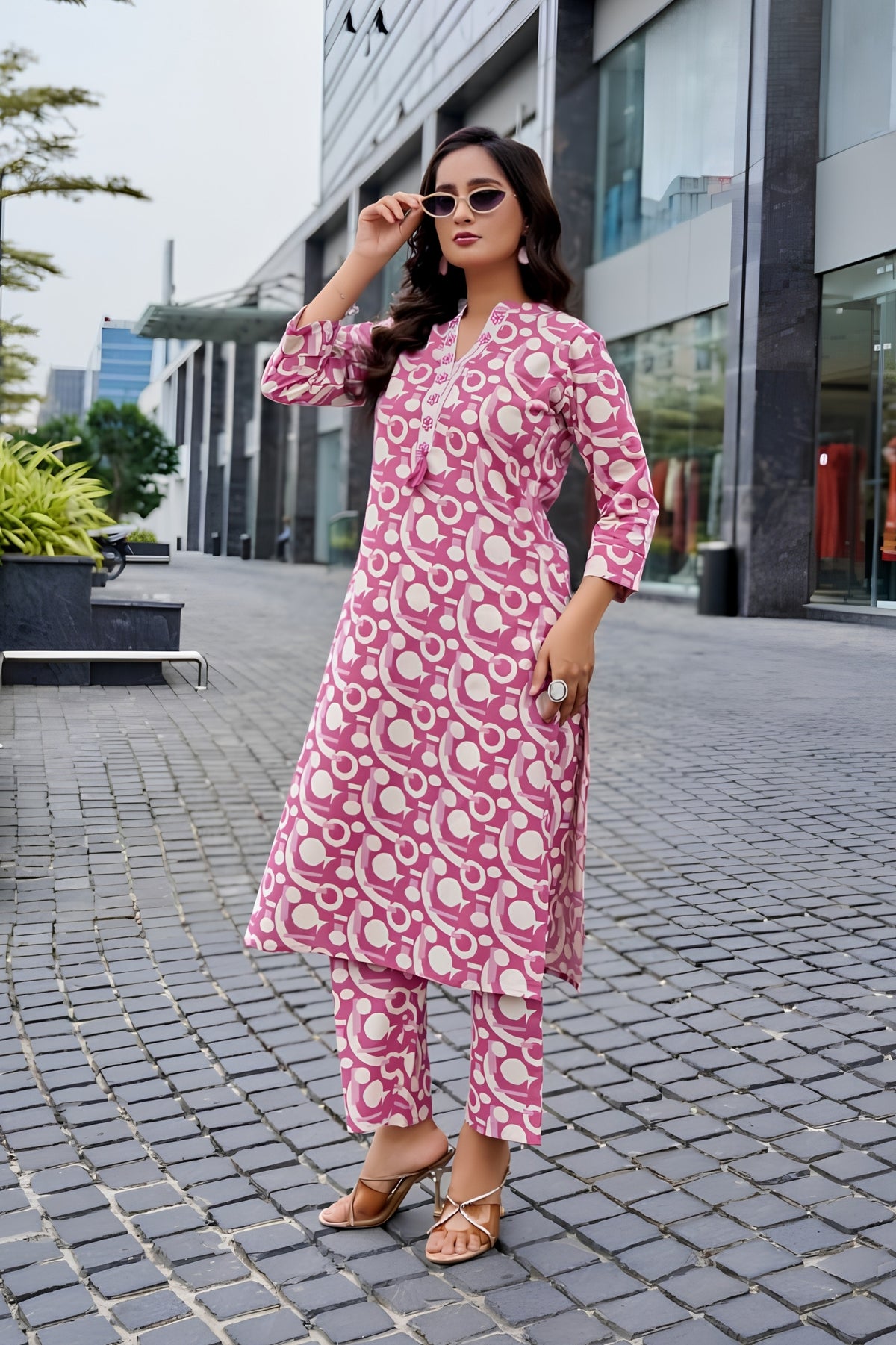 Pink Premium Cotton Flex Print Suit Set with Pink Patterned Design