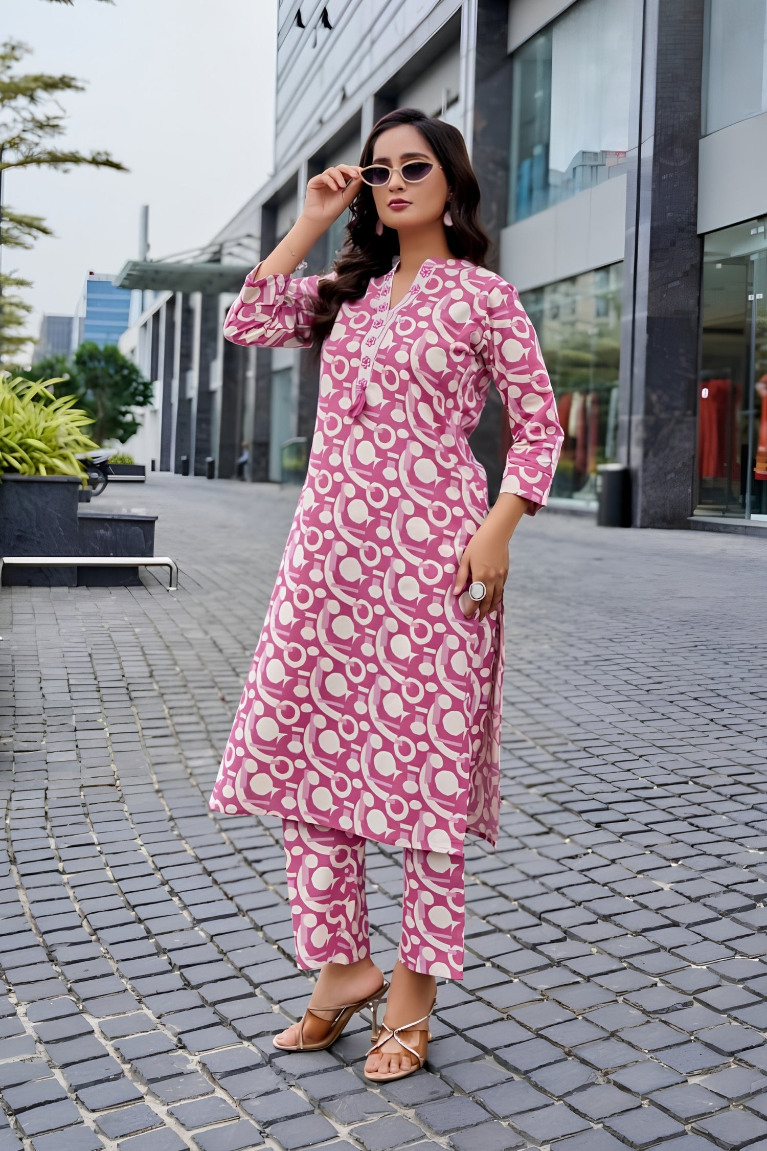 Pink Premium Cotton Flex Print Suit Set with Pink Patterned Design