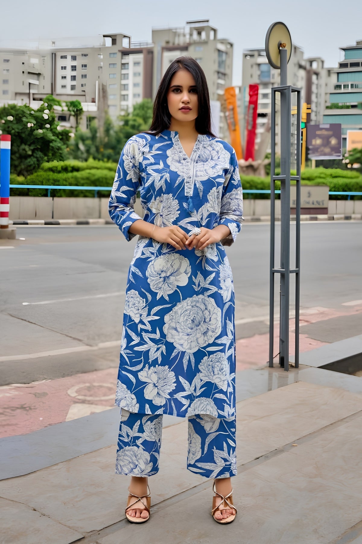 Royal Blue Premium Cotton Flex Print Suit Set with White Floral Design