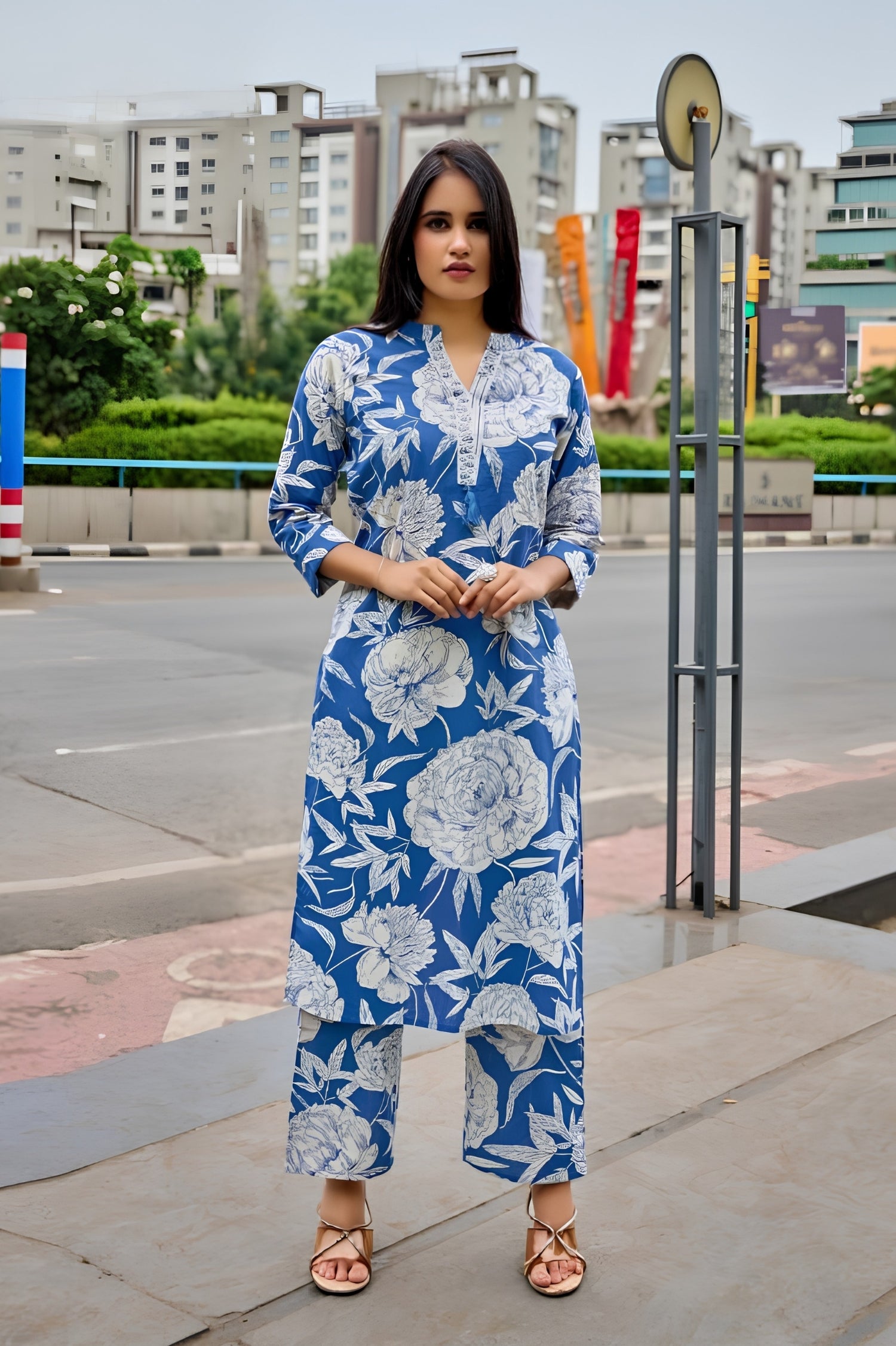 Royal Blue Premium Cotton Flex Print Suit Set with White Floral Design