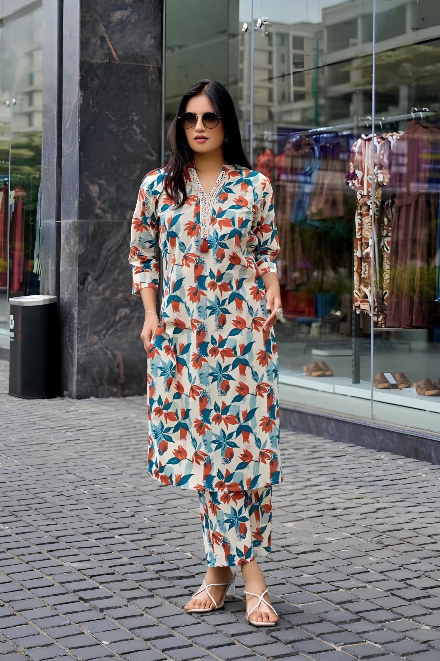 White Premium Cotton Flex Print Suit Set with Brown and Blue Leaf Design