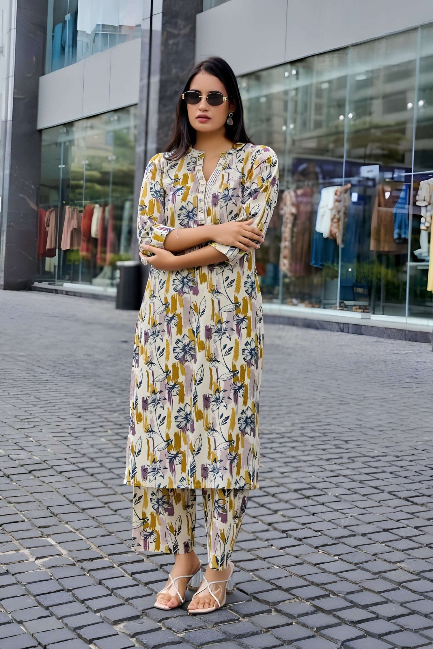 Woman in a floral dress standing on a street with a store in the background