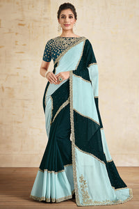 Peacock Green and Mint Blue Embroidered Crepe Saree