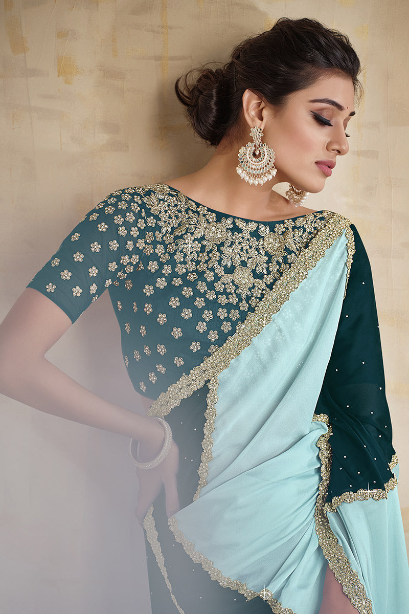 Peacock Green and Mint Blue Embroidered Crepe Saree