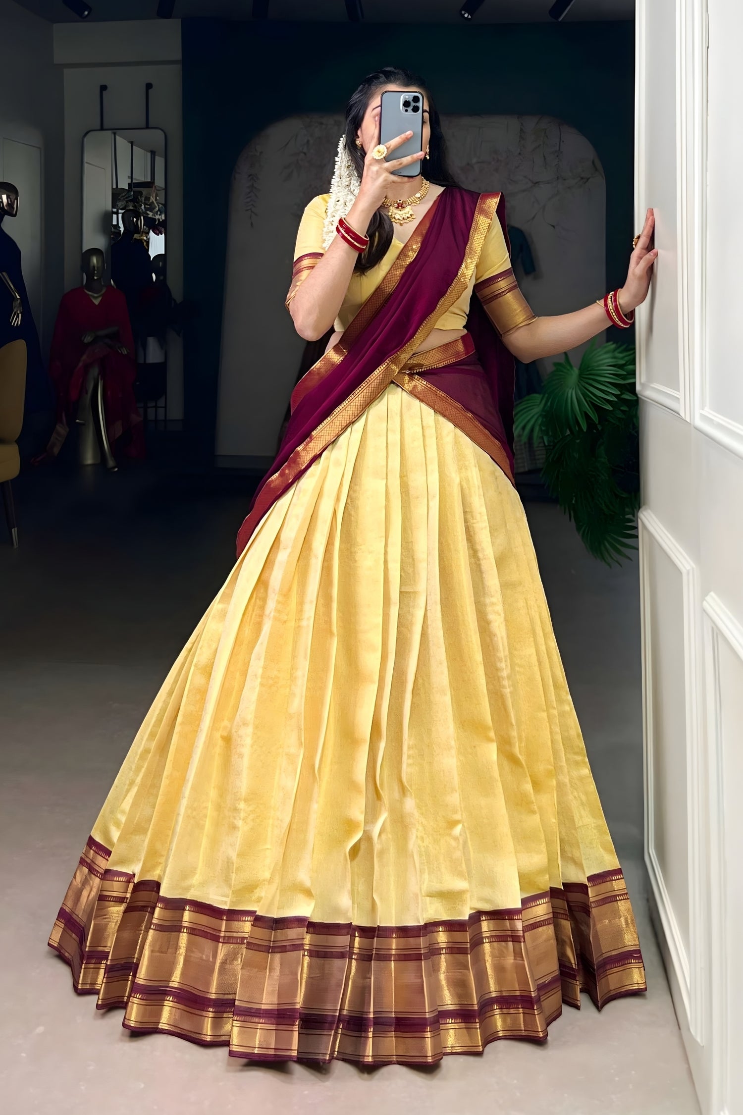 Golden Heritage Brown & Pale Gold Kanchipuram Half Saree Set
