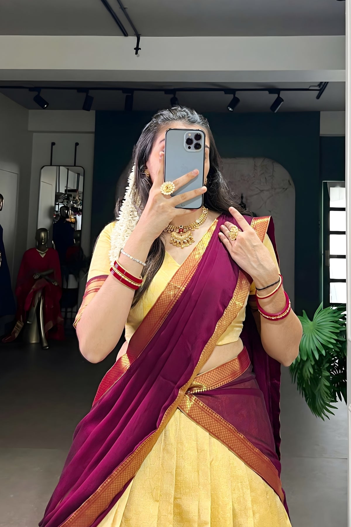 Golden Heritage Brown & Pale Gold Kanchipuram Half Saree Set