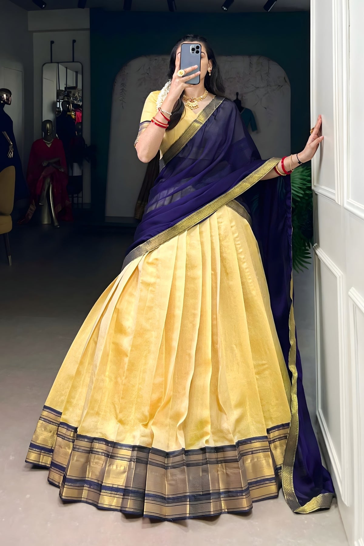 Royal Dark Blue & Pale Gold Kanchipuram Half Saree Set