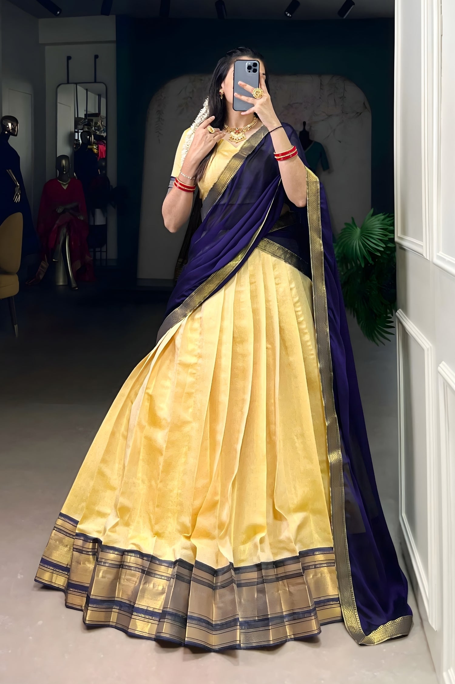 Royal Dark Blue & Pale Gold Kanchipuram Half Saree Set