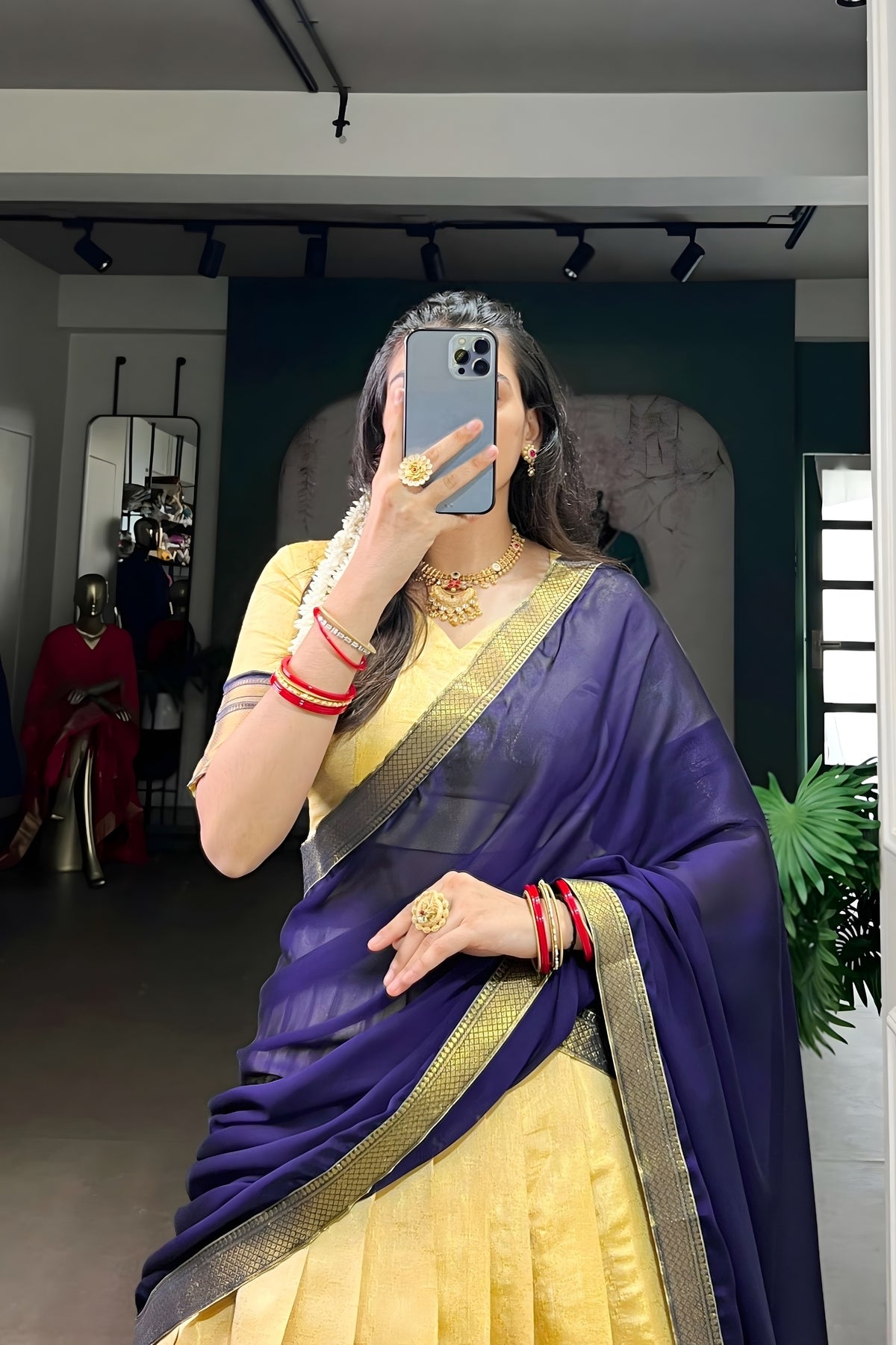 Royal Dark Blue & Pale Gold Kanchipuram Half Saree Set