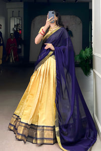 Royal Dark Blue & Pale Gold Kanchipuram Half Saree Set