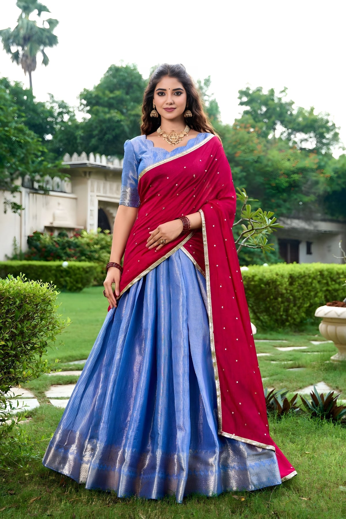Royal Maroon & Purple Kanchipuram Lehenga Set with Embroidered Dupatta