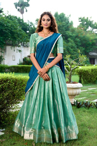 Elegant Yale Blue & Sea Green Kanchipuram Lehenga Set with Embroidered Dupatta