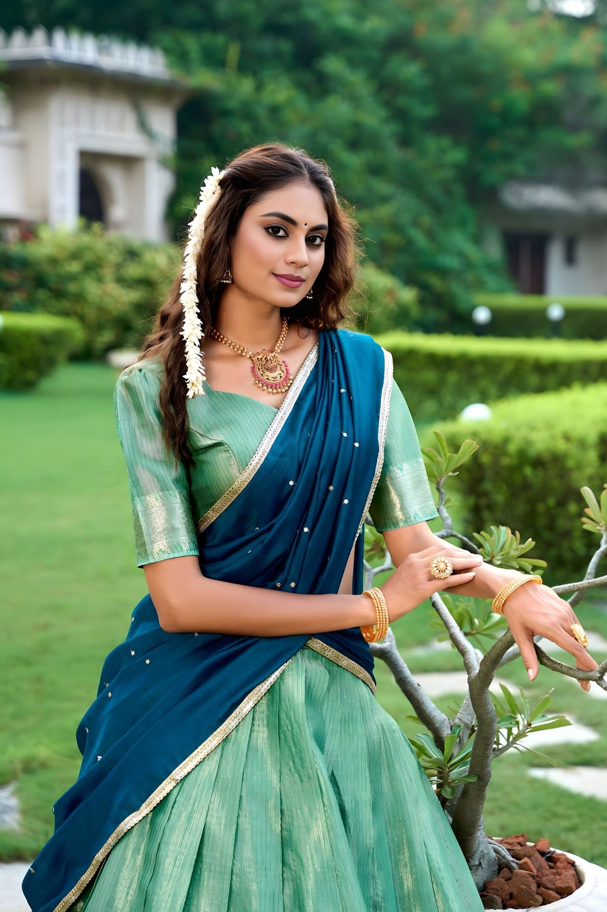 Elegant Yale Blue & Sea Green Kanchipuram Lehenga Set with Embroidered Dupatta