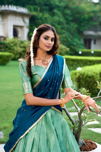 Elegant Yale Blue & Sea Green Kanchipuram Lehenga Set with Embroidered Dupatta
