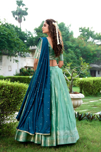 Elegant Yale Blue & Sea Green Kanchipuram Lehenga Set with Embroidered Dupatta