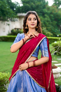 Royal Maroon & Purple Kanchipuram Lehenga Set with Embroidered Dupatta
