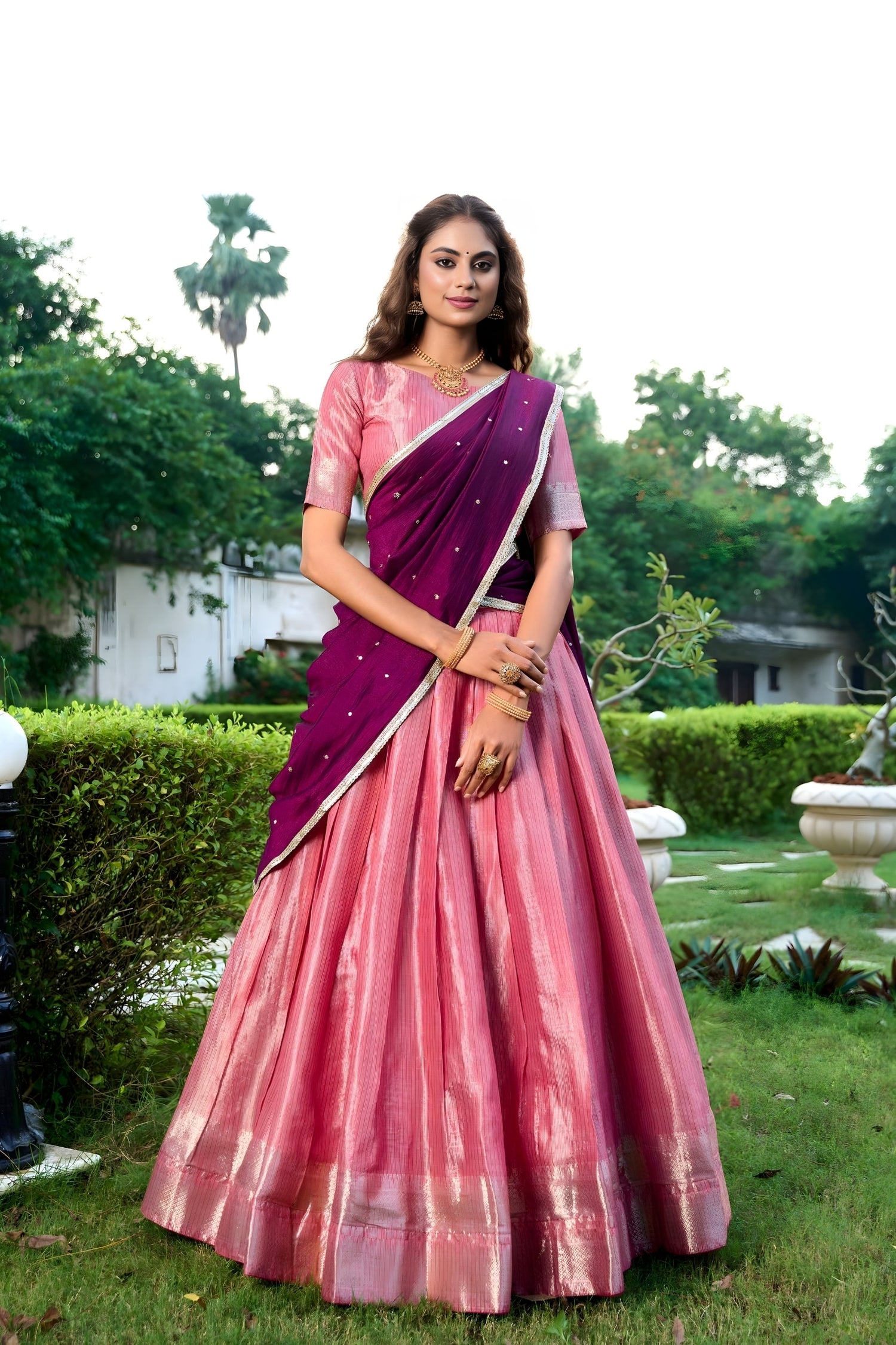 Elegant Purple & Pink Kanchipuram Lehenga Set with Embroidered Dupatta