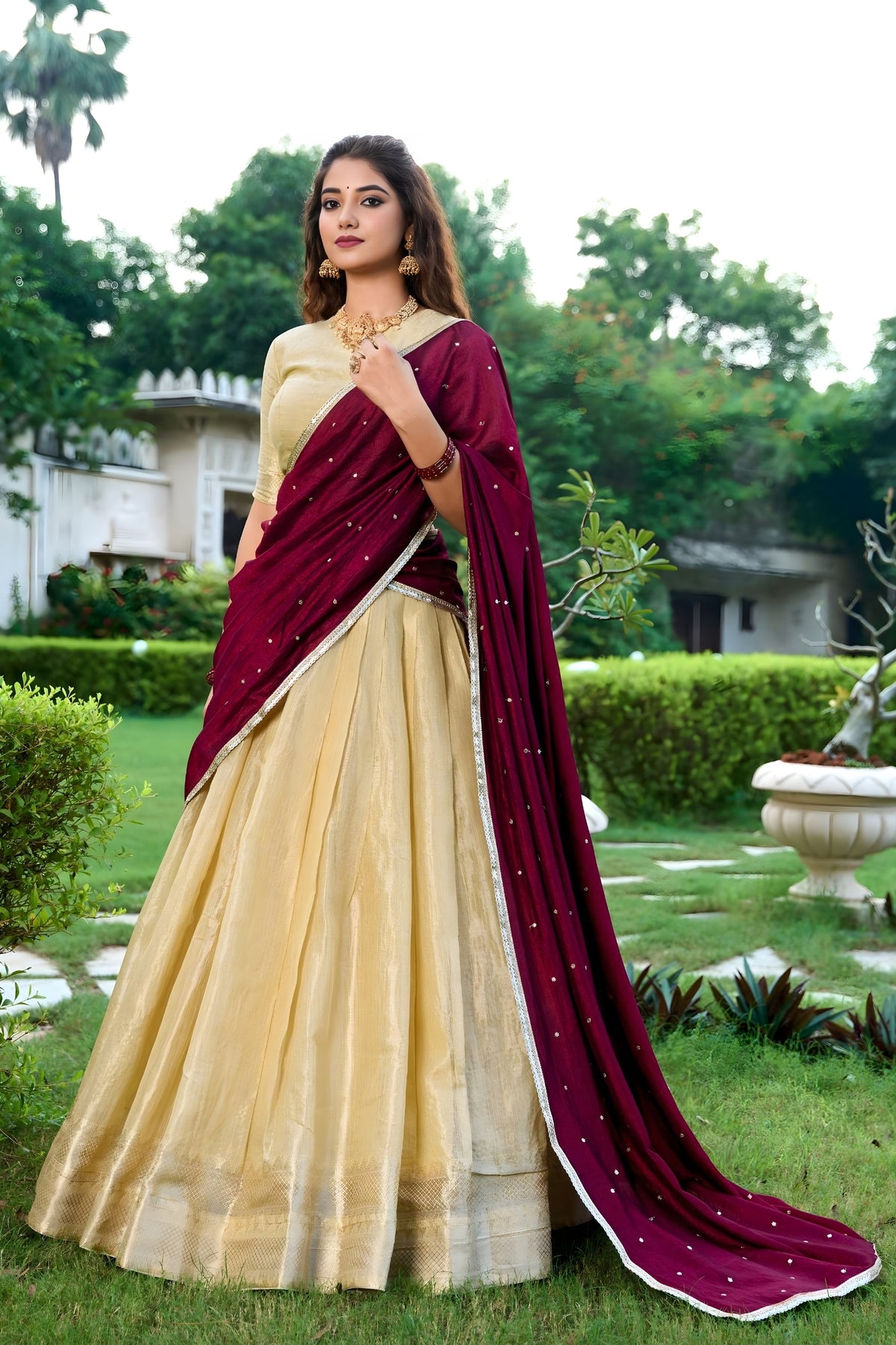 Royal Maroon & Pale Gold Kanchipuram Lehenga Set with Embroidered Dupatta