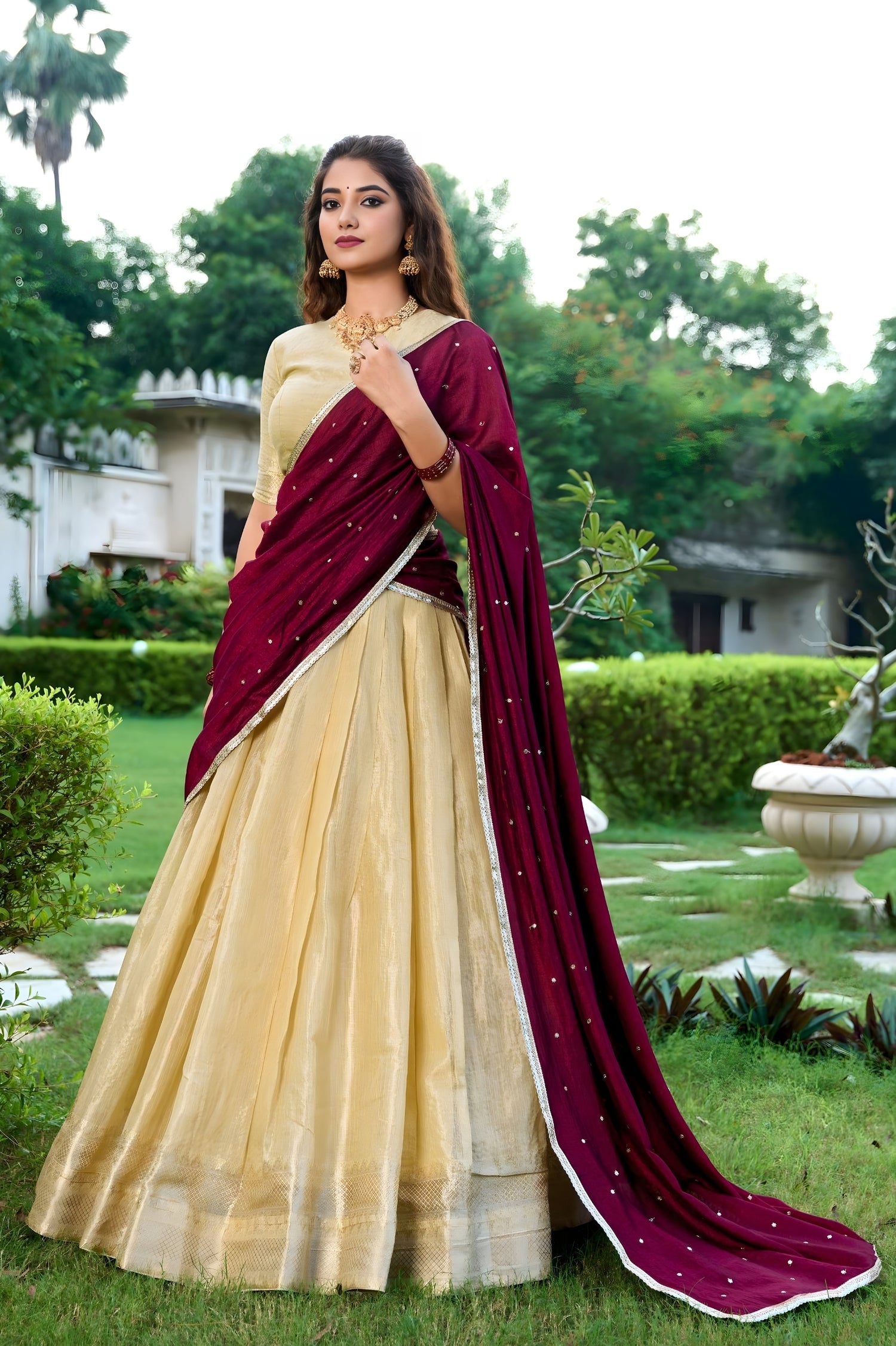 Royal Maroon & Pale Gold Kanchipuram Lehenga Set with Embroidered Dupatta