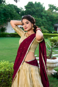 Royal Maroon & Pale Gold Kanchipuram Lehenga Set with Embroidered Dupatta