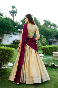 Royal Maroon & Pale Gold Kanchipuram Lehenga Set with Embroidered Dupatta