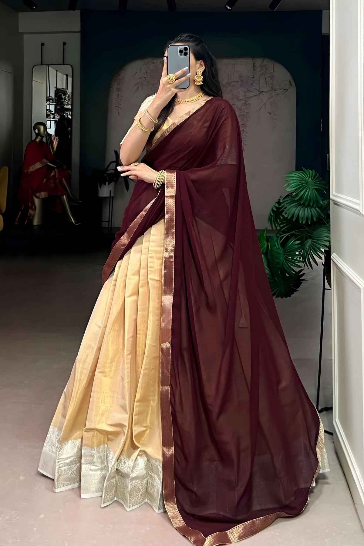 Regal Heirloom Maroon & Pale Gold Kanchipuram Lehenga Choli Set