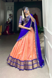 Royal Azure Blue & Pale Copper Kanchipuram Lehenga Choli Set