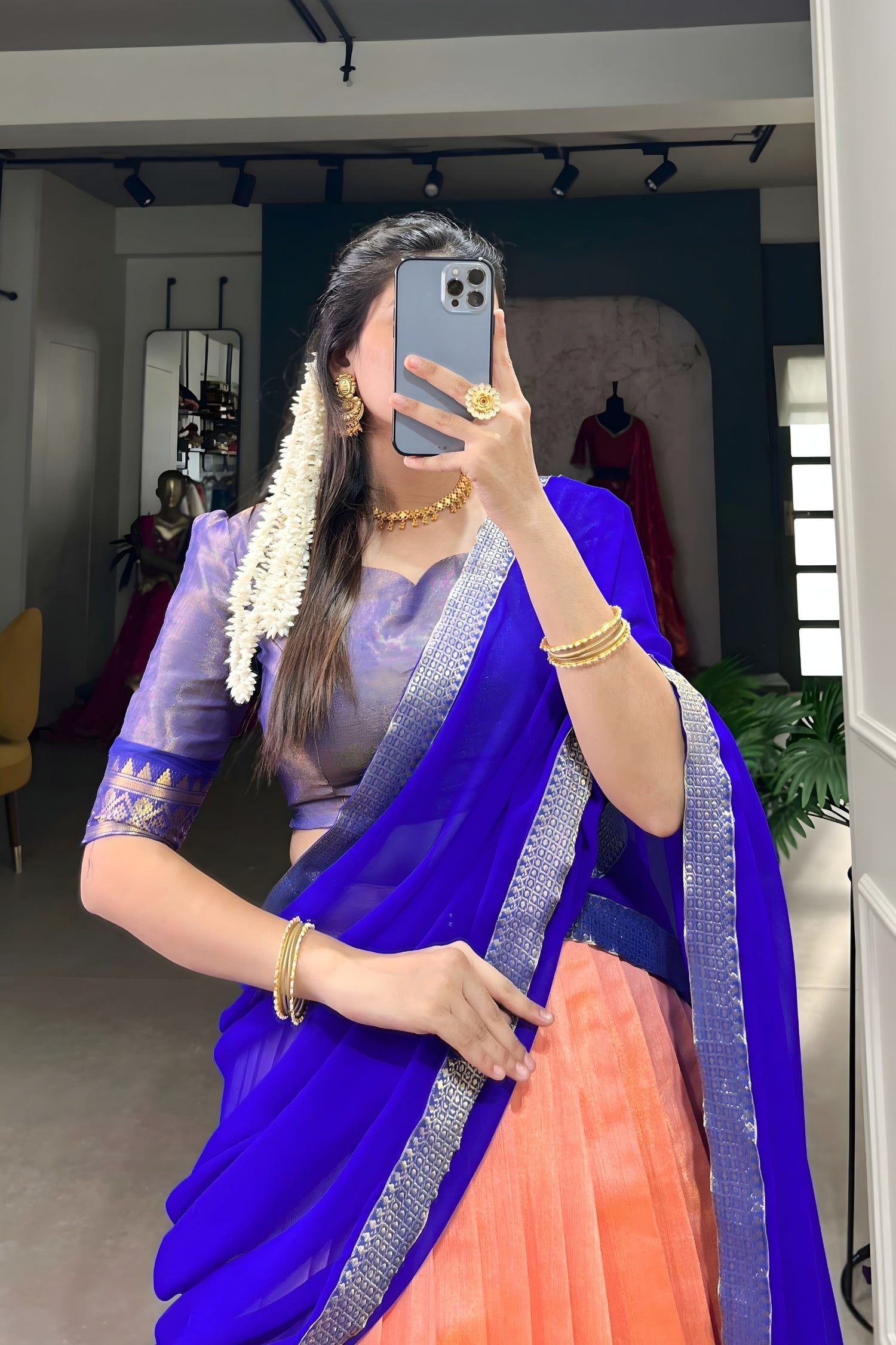 Royal Azure Blue & Pale Copper Kanchipuram Lehenga Choli Set