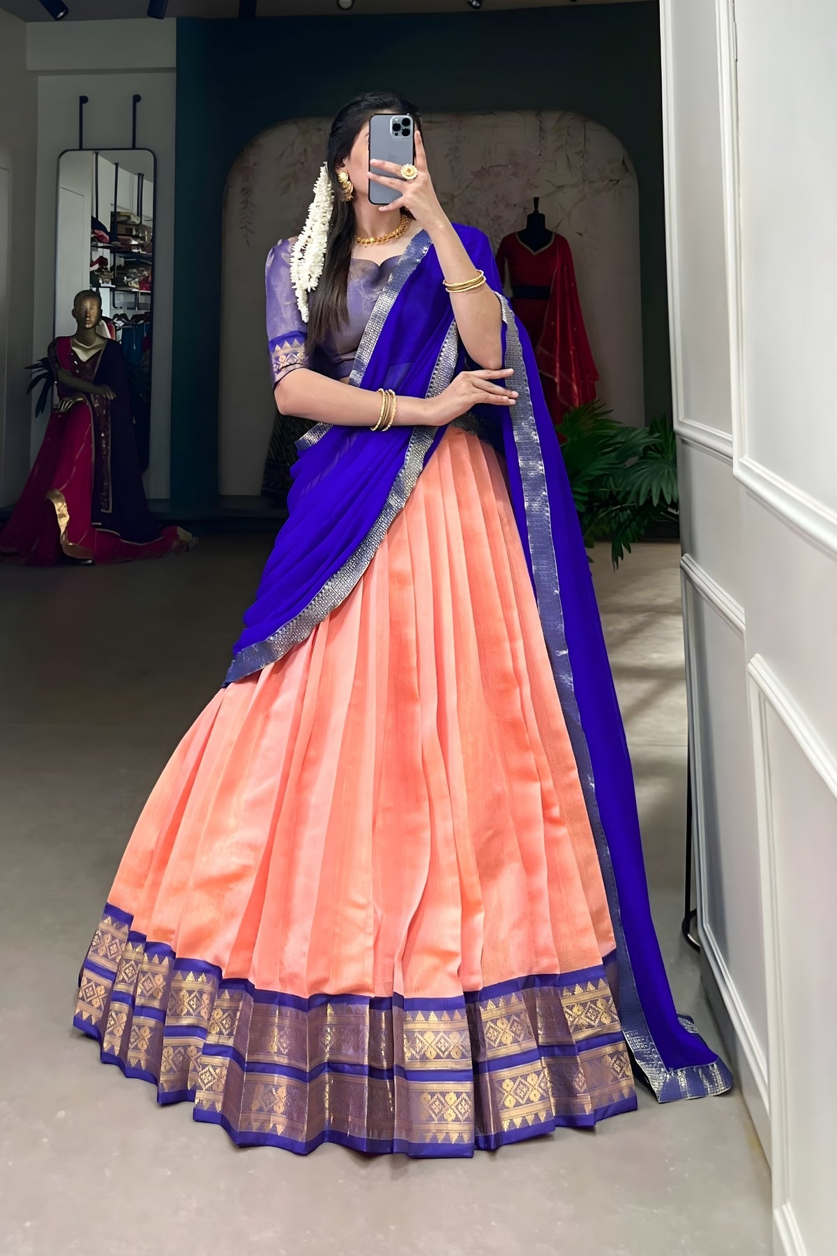 Royal Azure Blue & Pale Copper Kanchipuram Lehenga Choli Set